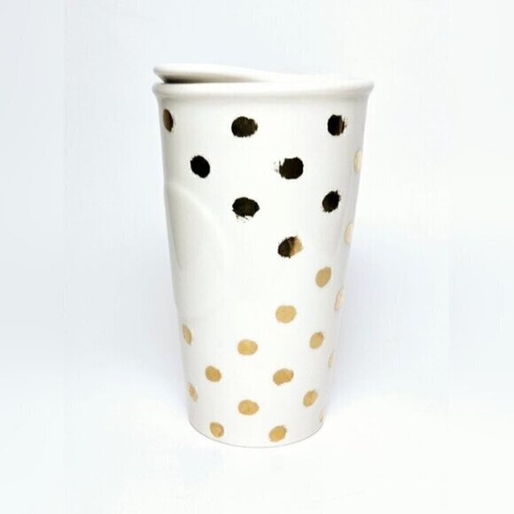Starbucks 2014 Gold & Black Polka Dot Ceramic Travel Mug – 10oz - Picture 4 of 8